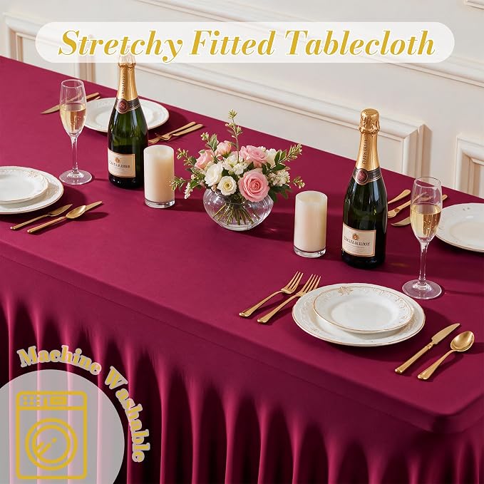 8 Pack Burgundy Table Cloth for 6 Foot Rectangle Tables Spandex Fitted Tablecloth 6ft Stretch Table Covers Skirt Burgundy Banquet Tablecloths Wrinkle Free Tablecloth for Party Wedding Birthday Event - Image 7