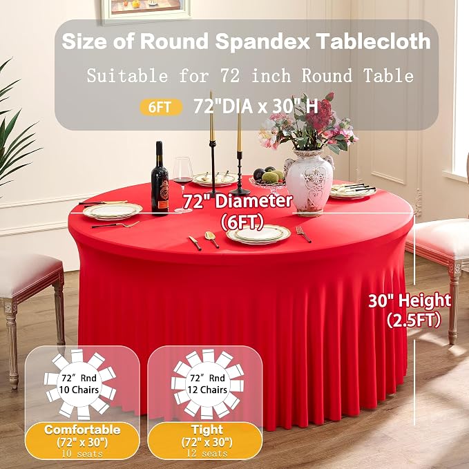 6 Pack Red Spandex Round Tablecloths for 72inch Table, 132in Stretchy Fitted 6ft Tablecloths, Wrinkle Free Round Table Clothes Covers with Skirt for Wedding Birthday Parties Banquet - Image 5