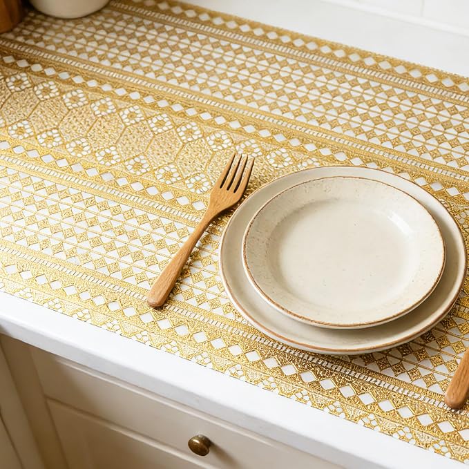 Drawer and Shelf Liner - Gold Geometric Lace Pattern,Non Adhesive - Image 2
