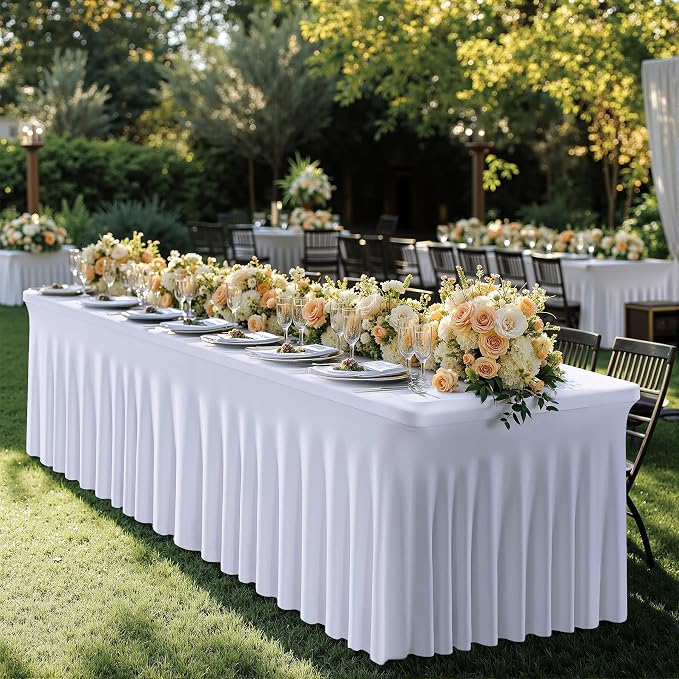 6 pk White Spandex Table Cloth Rectangle 8ft with Ruffle Skirt,Wrinkle Free High-Stretch Fitted Tablecloths for 8 Foot Rectangle Tables,Elastic Spandex Table Covers 8 ft for Parties Weddings Banquet - Image 3