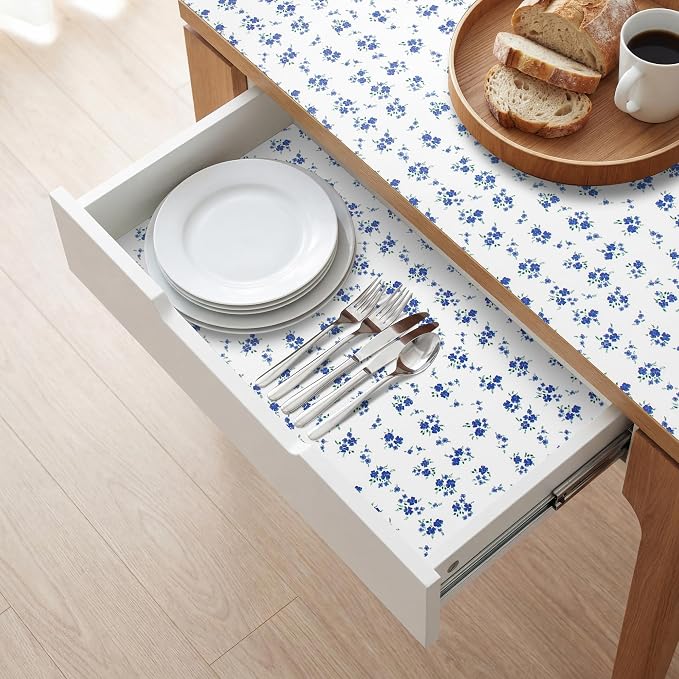 RAY STAR 12 Inch x 10 Ft Shelf Liner for Kitchen Cabinets, Non-Adhesive Cabinet Liner Washable, Drawer Liner for Dresser Non-Slip Bathroom [Blue Cream Floral] - Image 7