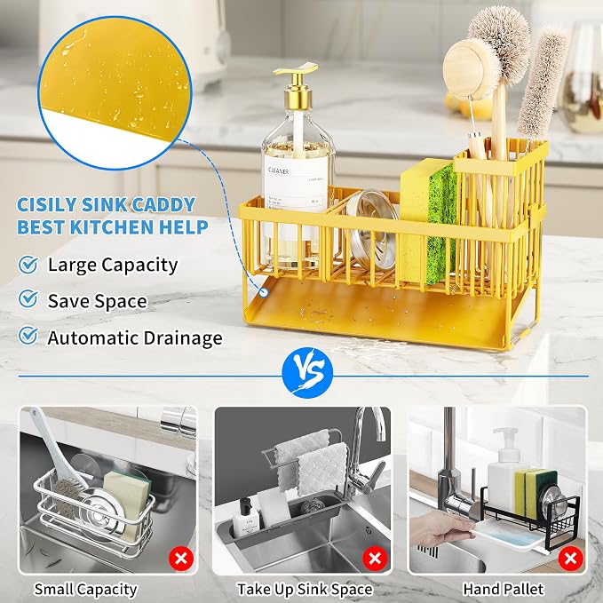 Cisily Lemon Yellow Sink Caddy Organzier with High Brush Holder, Sponge Holder for Sink, 304 Rustproof Stainless, Kitchen Countertop Soap Dispenser Organizer, Lemon Kitchen Decor and Accessories - Image 4