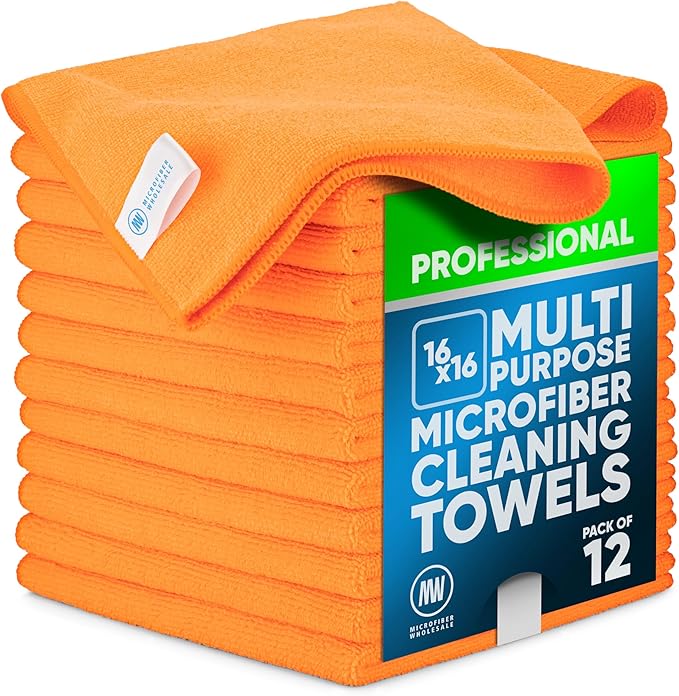 MW Pro Microfiber Cleaning Cloth | Orange | 12 Pack | 16” x 16” | All Purpose Microfiber Towels - Clean, Dust, Polish, Scrub, Absorbent by MicrofiberWholesale