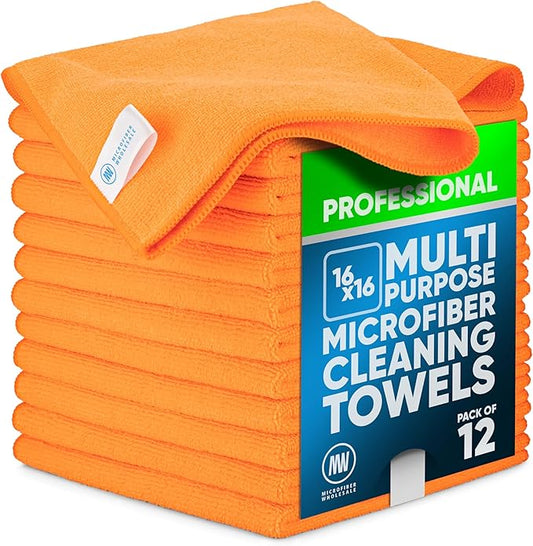 MW Pro Microfiber Cleaning Cloth | Orange | 12 Pack | 16” x 16” | All Purpose Microfiber Towels - Clean, Dust, Polish, Scrub, Absorbent by MicrofiberWholesale