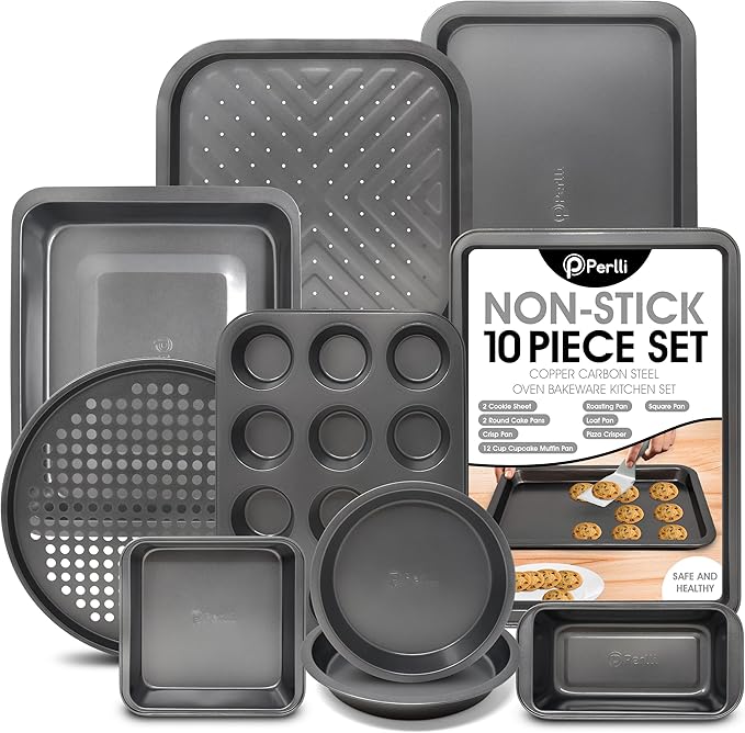 PERLLI Non-Stick 10-Piece Bakeware Set – Carbon Steel with Even Heat Distribution, Oven Safe to 446°F, BPA-Free, Dishwasher Safe, Stackable Baking Tools for Easy Storage and Everyday Cooking - Gray by PERLLI