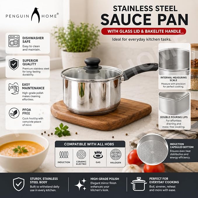 Penguin Home Professional Induction-Safe Saucepan with Lid, Stainless Steel, 16 cm, 1.5 L - Image 3