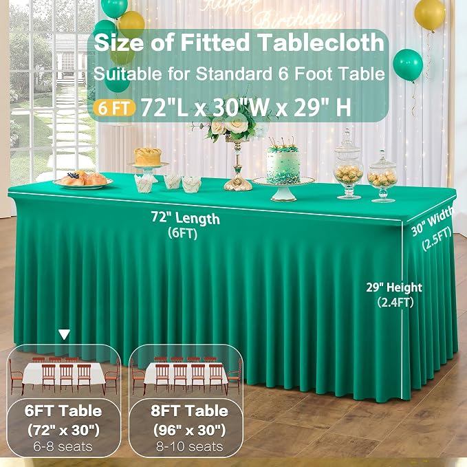 3 Pack Emerald Green Spandex Tablecloth for 6 Foot Rectangle Tables, Wrinkle Free Fitted Table Cloth Cover 6ft Green Stretchy Tablecloths with Skirt for Parties Weddings Birthday Banquet Baby Shower - Image 5