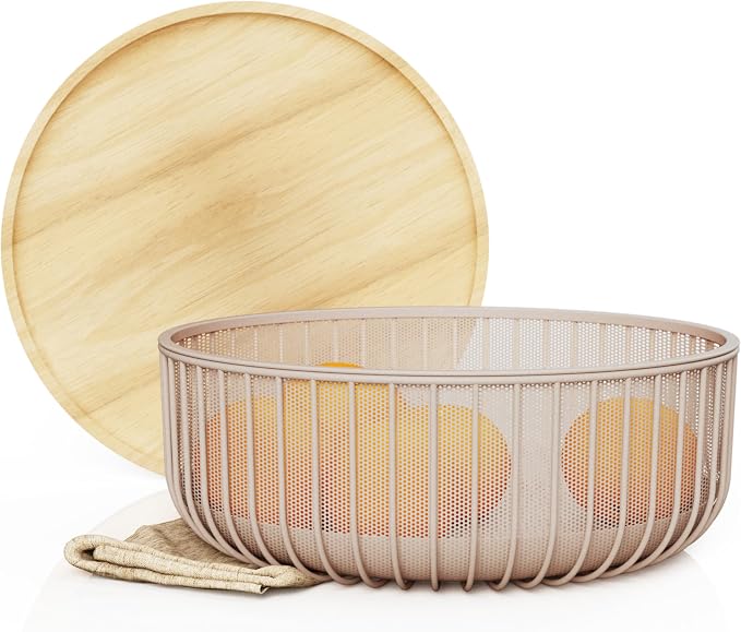 LIBKEN Metal Fruit Bowl Basket with Wooden Lid - Fruit and Vegetable Holder For Kitchen Counter - Countertop Display Baskets Organizer - Bowl Storage for Veggie, Fruits, Snack, and Banana - Peach by Libken