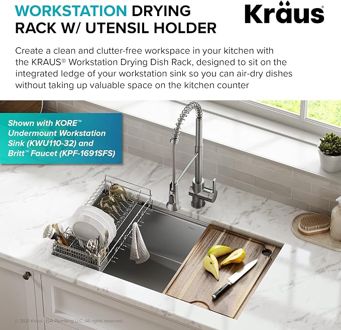 Kraus Workstation Kitchen Sink Dish Drying Rack Drainer and Utensil Holder, 17" L x 9" W, Stainless Steel, KDR-3 - Image 2