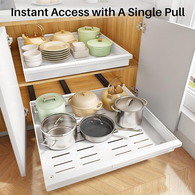 Pull out Cabinet Organizer, 4-Pack Expandable(13.6"-24") Silde out Drawers with Raising Pad for Framed Cabinets, Adjustable Full-Extension Adhesive Roll out Shelves for Kitchen Pantry Home Pot and Pan - Image 6