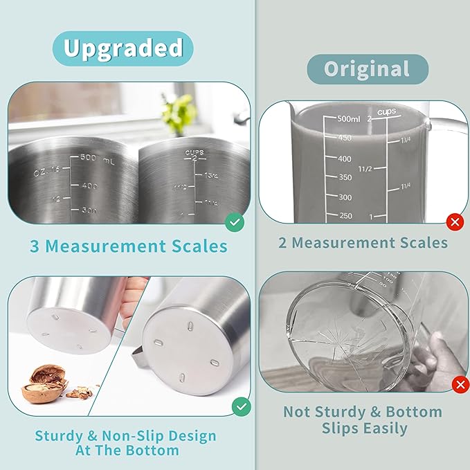 Newness 2-Pack Stainless Steel Measuring Cups Set, Metal Measuring Cup | (3 Marking Including Cup/ML/Oz Scale)(2 & 3 Cup) Metal Measuring Cup with Handle For Prepping, Baking and Cooking, Dishwasher - Image 2