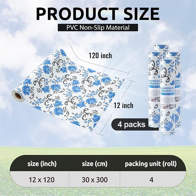 FIFTY FEET 12X120 Inch Shelf Liner for Kitchen Cabinets, PVC Drawer Liner for Dresser Non-Slip Bathroom, Non-Adhesive Cabinet Liner Washable (Blue Floral)(4 Roll) - Image 3