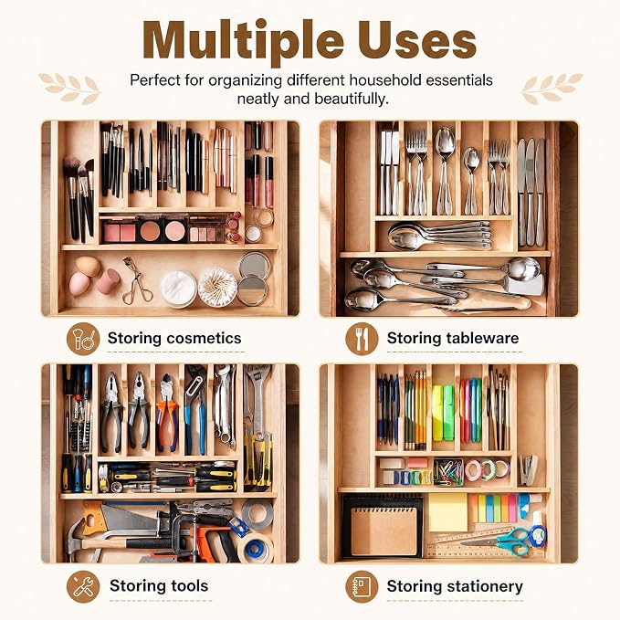 Briwooody 1 Pack Trim-to-Fit Silverware Drawer Organizer, 20.63" x 22" x 2.38" Wooden Cooking Utensil Drawer Organizer with Adjustable Dividers for Kitchen Utensils Silverware Flatware Storage - Image 6