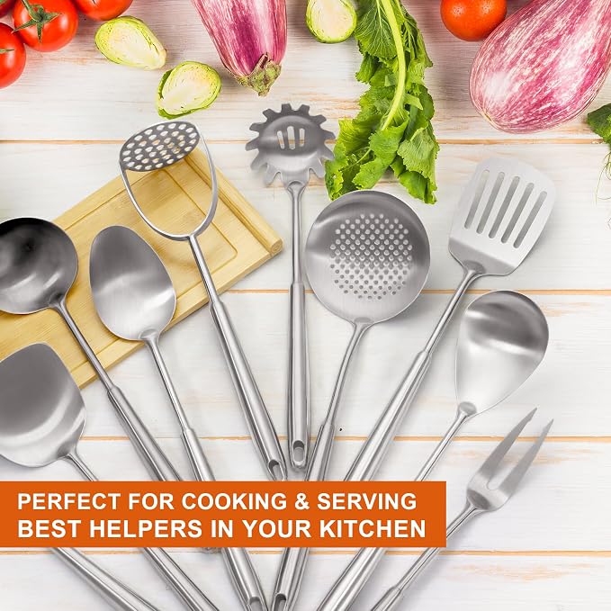 Stainless Steel Kitchen Utensils Set 18 10 Stainless Steel Cooking Utensils Set - 12 PCS Large Metal Cooking Utensil Tools Set - Image 4