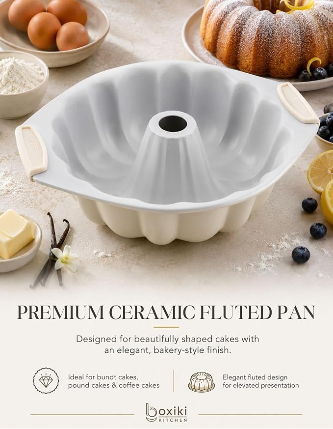 Boxiki Kitchen Ceramic Fluted Cake Pan, 12 x 10 x 3 Inches Nonstick Pound Cake Pan, Heavy Duty 0.6mm Aluminized Steel, KFCC Korean Ceramic Coating, Oven Safe to 550°F, PFAS-Free, Large Tube Cake Mold - Image 7