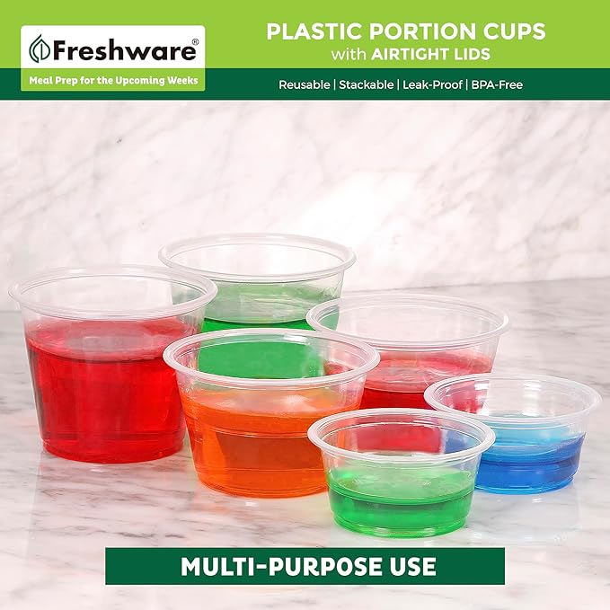 Freshware Plastic Portion Cups with Lids [3.25 Ounce, 200 Sets] Disposable Plastic Cups for Meal Prep, Salad Dressing, Jellos Shot Cups, Souffle Cups, Condiment and Dipping Sauce Cups - Image 5