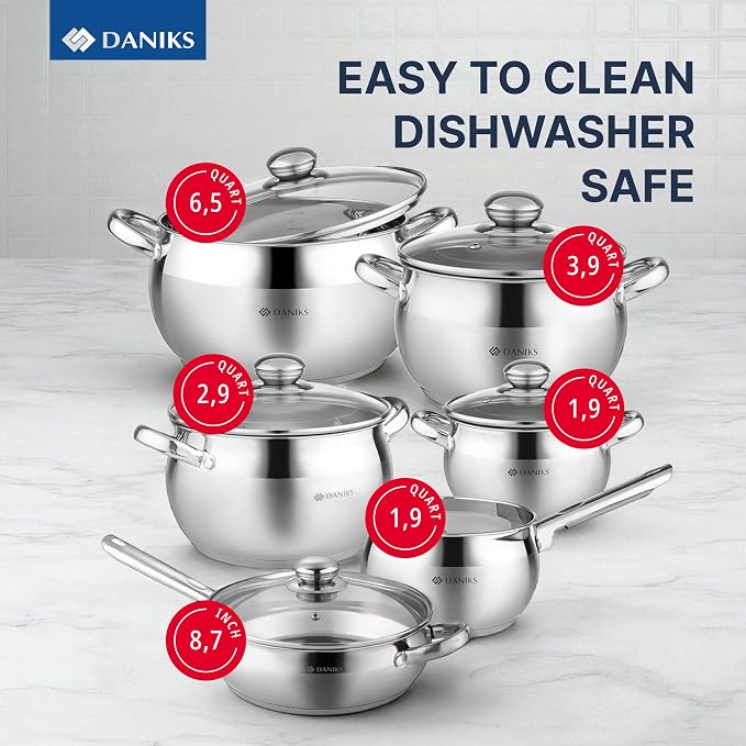 Daniks Classic 11-Piece Stainless Steel Cookware Set with Glass Lids, Includes Saucepan and Frying Pan with Lid, Tri-Ply Bases for Even Heating, Induction Compatible, Dishwasher Safe - Image 2