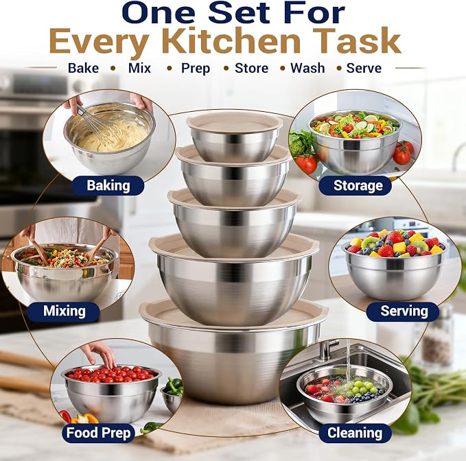WEPSEN Mixing Bowls Set, 25PCS Khaki Mixing Bowls With Lids Set Stainless Steel Kitchen Large Nesting Metal Bowl 7QT to 1.5QT, Measuring Cups and Spoons for Prepping Cooking Serving - Image 6