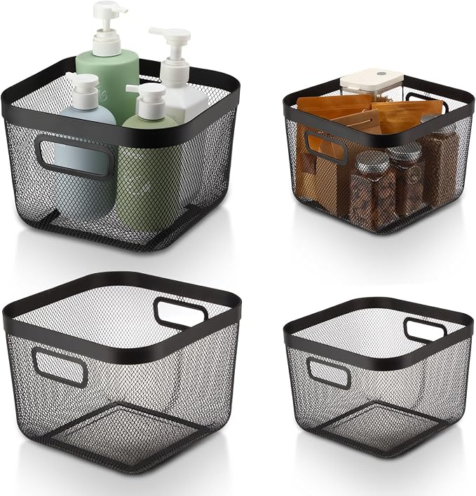 MorningRo 4 Pack Metal Mesh Basket with Hollow Handles Black Wire Storage Bin for Organizing Stackable Metal Fine Mesh Basket for Pantry Bathroom Kitchen Cabinets Shelves (Medium and Large) by MorningRo