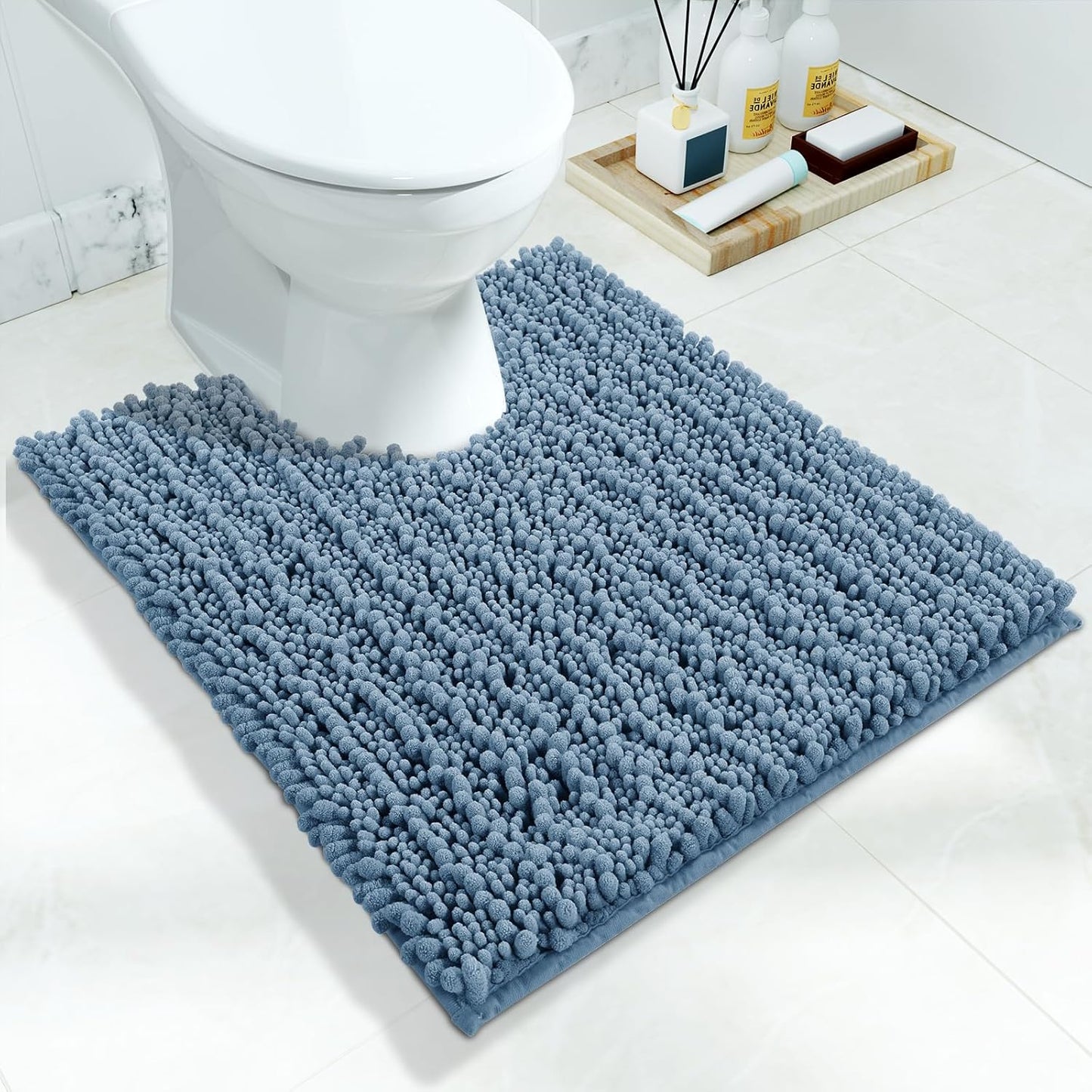 Yimobra Toilet Rug U Shaped Washable 24x20 Inch - Ultra Soft Absorbent Chenille Bath Rugs for Toilet, Quick Dry & Machine Washable, Non Slip Contour Bathroom Mat, Denim Blue
