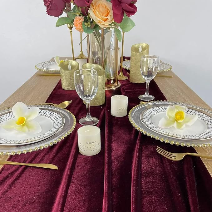 Luxurious Velvet Table Runner, 10ft Wedding Reception Decorations, 20x120inch Soft Velvet Fabric, Table Linen Overlay, Wedding Table Runners (Burgundy, 20X120inch, 2pack) - Image 4