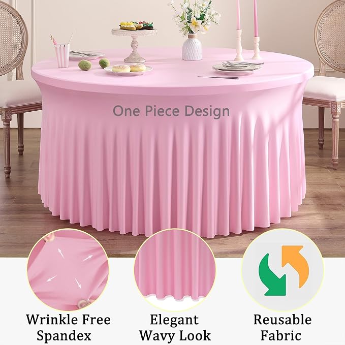 8 Pack Baby Pink Spandex Round Tablecloths for 72 inch Table, Wrinkle Free 132inch Stretchy Fitted 6FT Round Table Cloths Cover with Skirt for Wedding Party Dining Banquet Events - Image 3
