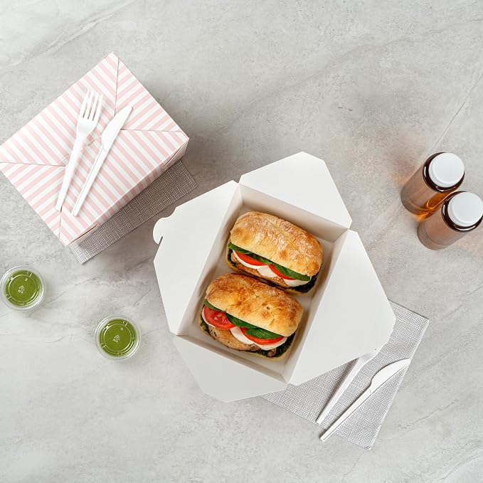 Restaurantware-Bio Tek 8.5 x 6.2 x 3.5 Inch Food Containers, 200 Durable Takeaway Boxes - Disposable, Striped, Pink And White Paper 98 Ounce Takeout Boxes, Rectangle, For Takeouts And Delivery - Image 7