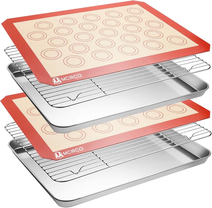 M MCIRCO Baking Sheet with Cooling Rack, Baking Mat Set, Set of 6 | Stainless Steel Cookie Pan with Cooling Rack, 2 Sheets + 2 Racks + 2 Mats,Baking Pan, Size 16 x 12 x 1 Inch Easy Clean by MMCIRCO