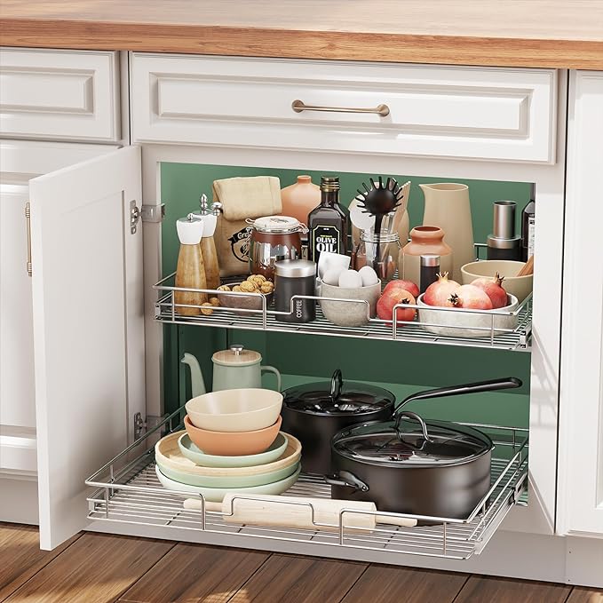 LOVMOR 2 Tier Individual Pull Out Cabinet Organizer 25½" W x 21½" D, Slide Out Kitchen Cabinet Storage Sliding Shelves - Image 5