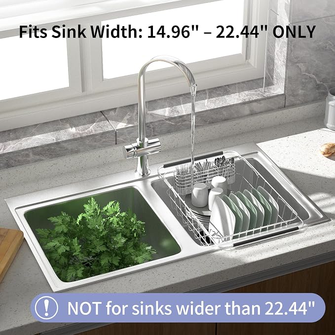 JAQ Over Sink Dish Drying Rack, Expandable 14.96"–22.44" Adjustable Dish Rack for Kitchen Sink, 304 Stainless Steel Dish Drainer with Utensil Holder, Space Saving for Most Standard Kitchen Sinks - Image 2