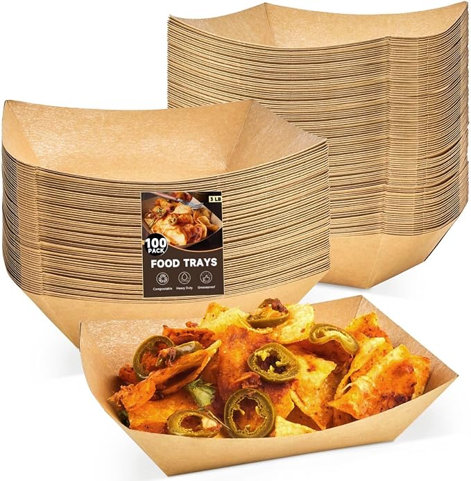ZORRITA 100 Pack 3 Lb Paper Food Trays | Disposable, Kraft Paper, Nacho Trays, Food Boats, Taco Holders, Party Serving Baskets, For Hot Dogs Snacks Tacos Fries by ZORRITA