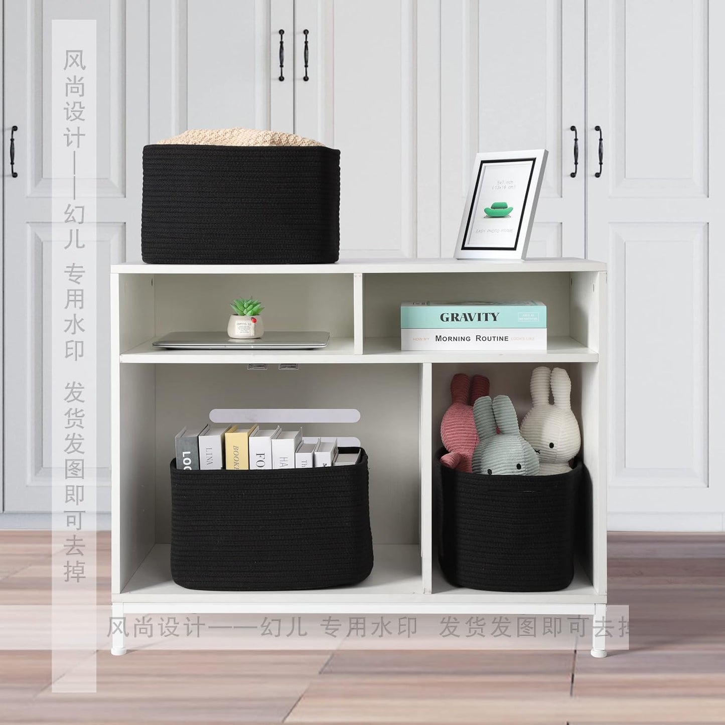 Cotton Rope storage Basket Bins 14.5X9.5X9.3“ Woven Basket for Organizing Shelves Rectangle Decorative Baskets For storage Clothes Toys Books Towels Square Wicker Nursery basket organizer 3 pack black