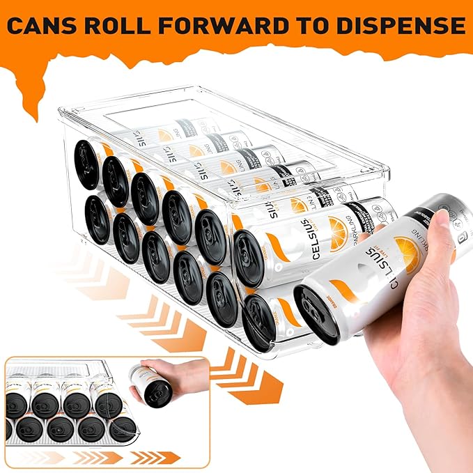 SCAVATA 4 Pack Skinny Can Organizer for Refrigerator, Stackable Tall Skinny Soda Pop Can Holder Dispenser with Lid for Fridge Pantry Rack Freezer, Clear Plastic Storage Bins-Holds 12 Slim Cans Each - Image 3