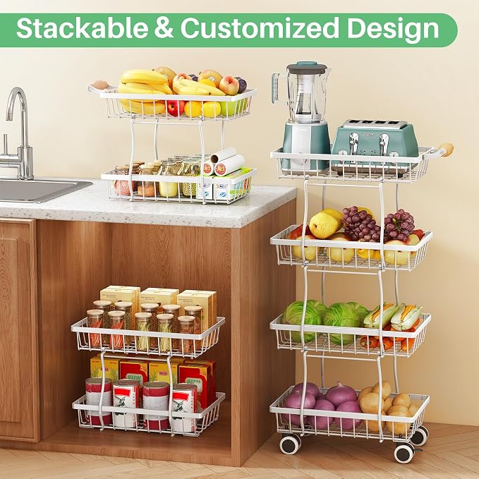 SAYZH 4-Tier Fruit Basket Stand with Vegetable Baskets for Kitchen, White | Stackable Metal Wire Basket, Sturdy Rolling Storage Carts for Kitchen, Pantry Organizer, Snack and Jar Storage - Image 3