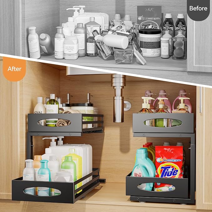 mixeshop Under Sink Organizer, 2 Tier Under Sink Organizers and Storage, Adjustable Height, Slide out Metal Cabinet Organizers, Pull out Cabinet Storage Drawer Shelf for Kitchen Bathroom (Black, 2) - Image 3