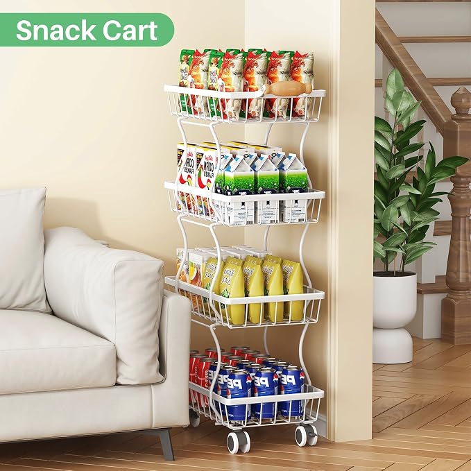 SAYZH 4-Tier Fruit Basket Stand with Vegetable Baskets for Kitchen, White | Stackable Metal Wire Basket, Sturdy Rolling Storage Carts for Kitchen, Pantry Organizer, Snack and Jar Storage - Image 7