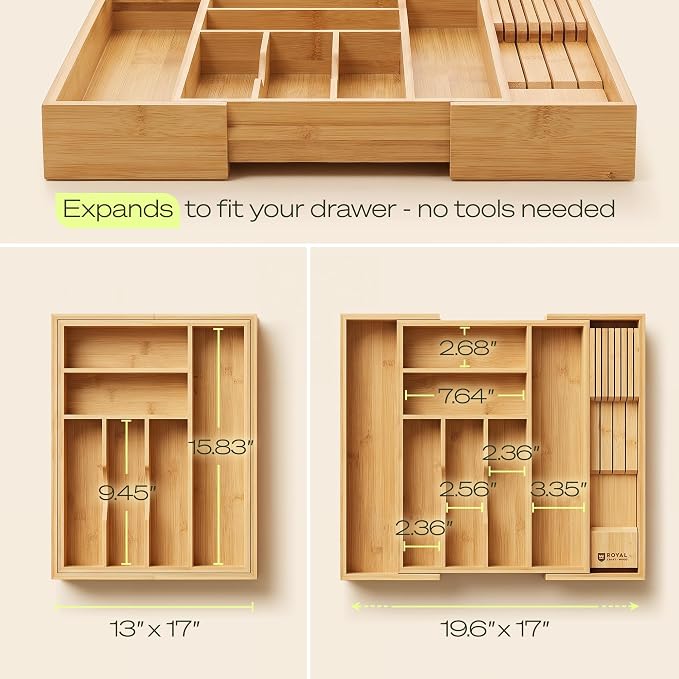 Drawer Organizer for Kitchen Organization – Expandable Bamboo Silverware Drawer Organizer with Removable Knife Block, Bamboo Cutlery, Non-Slip Utensil Organizer with 7-Slot Knife Storage for Flatware - Image 2