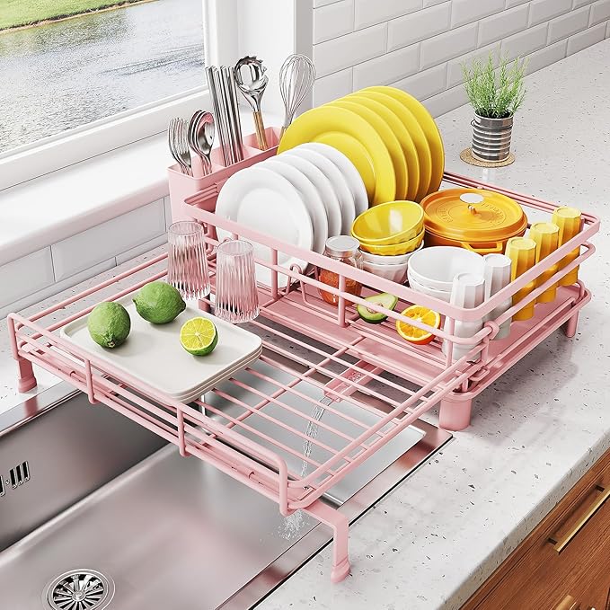 SNTD Expandable Dish Drying Rack for Kitchen Counter, Stainless Steel, Pink by SNTD