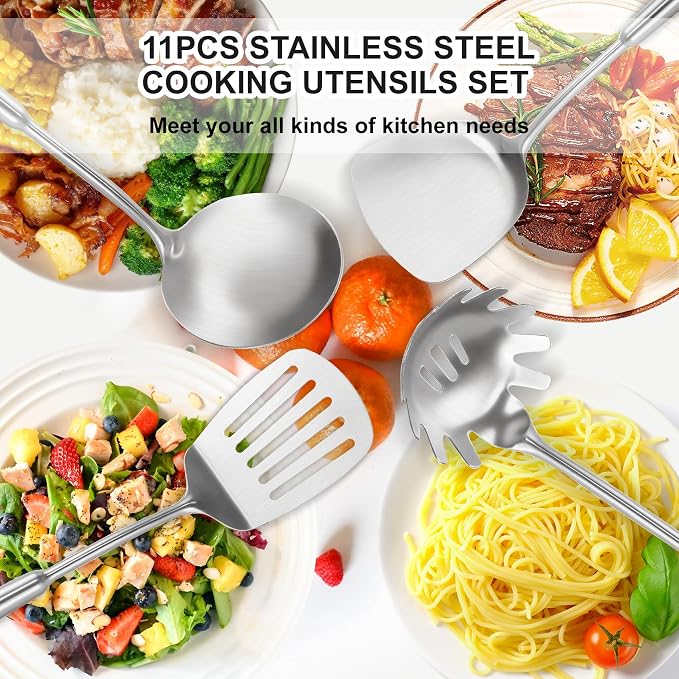 18/10 Stainlss Steel Kitchen Utensils Set, 11 Pcs Long Stainless Steel Cooking Utensils Set, Metal Cooking Utensils Set with Spatula, Spoon, Ladle, Skimmer, Dishwasher Safe - Image 8