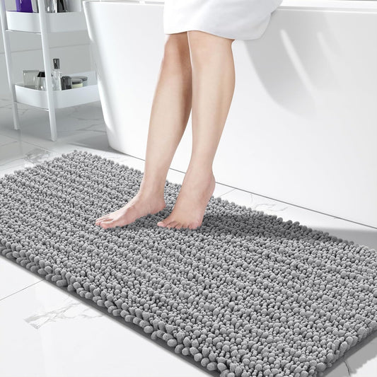 Yimobra Bathroom Runner Rug 60x24 Inch - Extra Long Non Slip Chenille Bath Mat, Soft & Absorbent, Machine Washable Shaggy Hallway Carpet for Vanity Tub Shower, Gray Home Decor Accessories