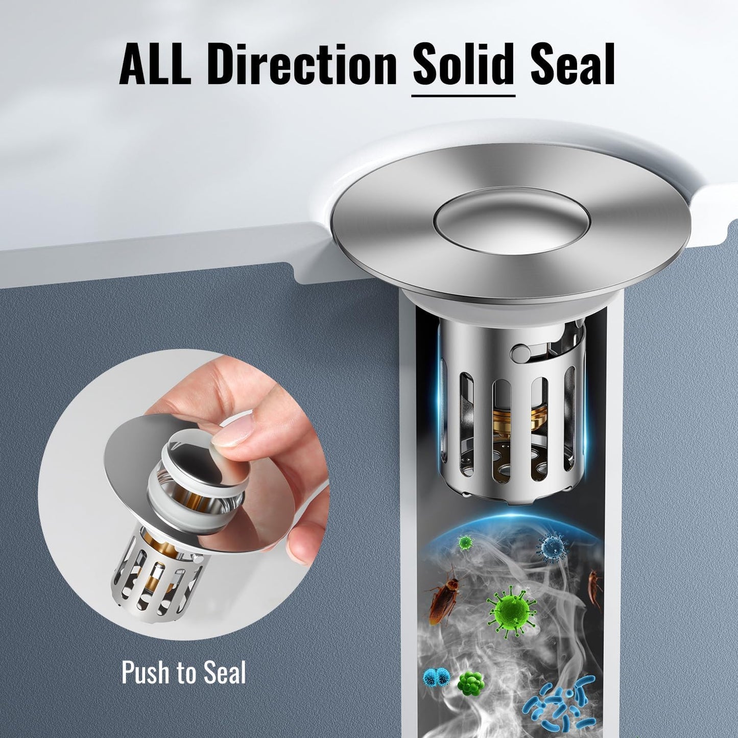 (2 Pc) All Metal Bathroom Sink Stopper Fit 99% - 3 in 1 Universal Pop Up Sink Stopper with Removable Stainless Steel Filter Basket Hair Catcher - for 1.1'' to 2.36'' Basin - Brass Core, 7000+ Tested