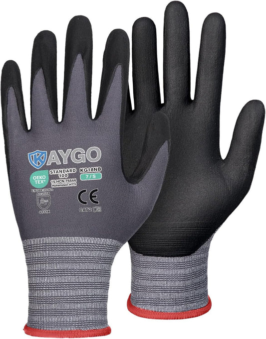 KAYGO Safety Work Gloves MicroFoam Nitrile Coated, 3 Pairs KG18NB,Seamless Knit Nylon Glove for Men and Women, Ideal for Automotive,Warehouse,Construction (Small,Gray)