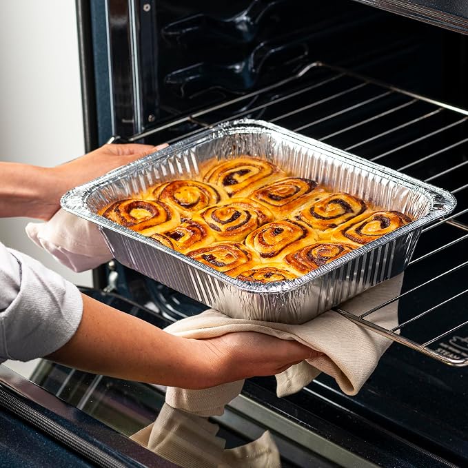 GUSTO 9x13 Inch Aluminum Foil Pans With Lids [25 Sets] Half Size Deep | Thicker 37.4 Gauge, Food-Safe Tin Disposable Trays, Freezer-Safe, Oven, Grill & Smoker Use, Secure Transport, Recyclable - Image 4