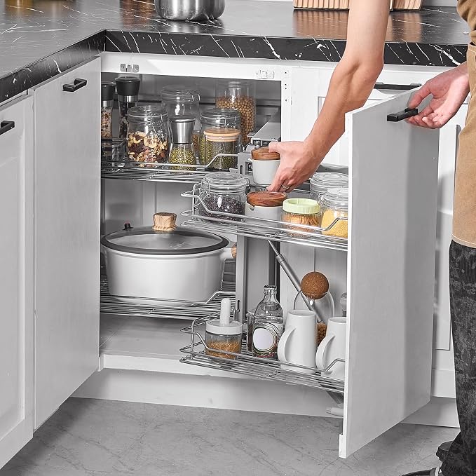 VEVOR 18" W Opening Blind Corner Pull Out Organizer, 2 Tier 4 Shelf Kitchen Cabinet Organizer, Magic Chrome Carbon Steel Storage Basket, Slide Out Storage Organizer, Left & Right Open Compatible - Image 2
