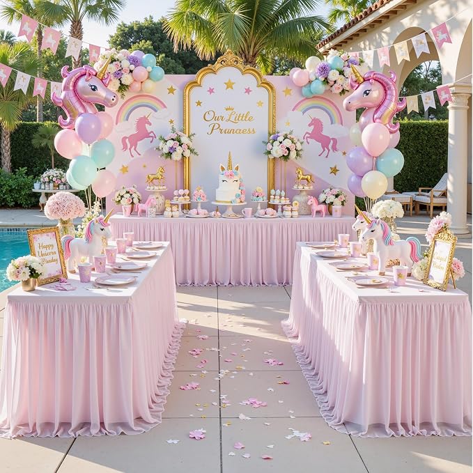 CO-AVE 4pack Pink Tulle Tablecloth for 6ft Rectangular Tables, 2-in-1 Elastic Stretch Spandex Cover with Tutu Ruffle Skirt, Wrinkle Free for Wedding, Birthday, Banquet, Buffet, Bridal Shower by CO-AVE