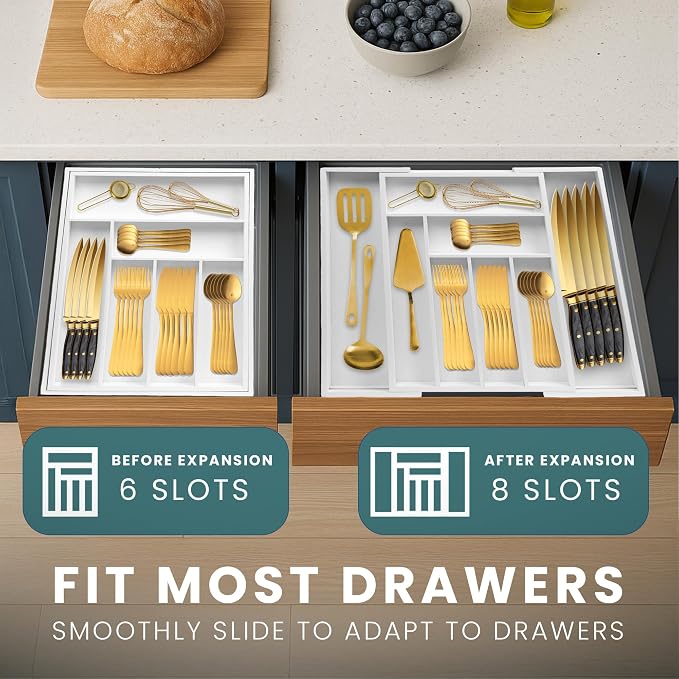 Sben Bamboo Cutlery Drawer Organizer, White, Large - Image 8