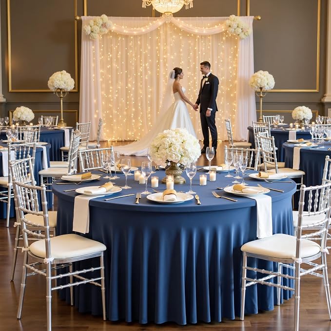 12 Pack Navy Blue Spandex Round Tablecloths for 72 inch Table, Wrinkle Free Stretchy 132inch Fitted 6FT Round Table Cloths Cover with Skirt for Wedding Party Dining Banquet Events - Image 8