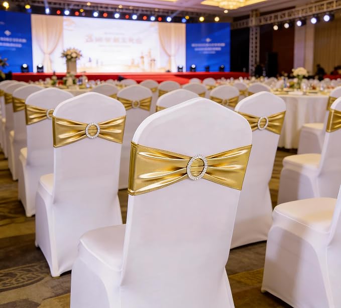 Wedding Spandex Metallic Gold Chair Sashes 100 Pack Chair Bands with Buckle Bronzing Gold Chairs Bows for Party Birthday Bridal Shower Engagement Anniversary Christmas Event Decorations - Image 5