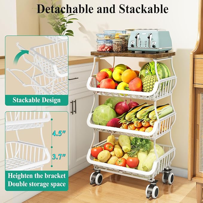 SAYZH 4-Tier Fruit and Vegetable Basket Stand for Kitchen, Wood Top, White | Stackable Vegetable Storage Baskets with Wheel, Metal Wire Storage Carts for Onion, Potato and Snacks - Image 4