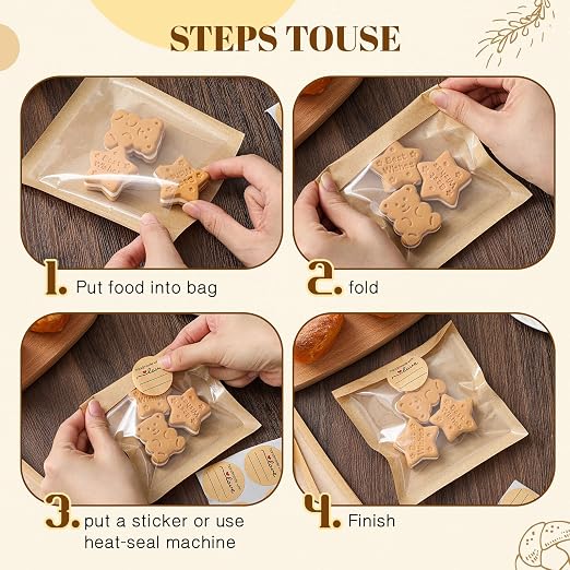 Outus 100 Pcs Cookie Packaging Bags with Seal, 4 x 4 Inch, Brown | Bakery Pastry Bags with Window, Heat Sealable Grease Resistant Paper to Go Bake Sleeves for Gift Giving Donut Bread Sandwich - Image 4